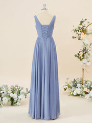 A-lijn chiffon v-neck geplooide vloerlengte bruidsmeisje jurk