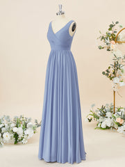A-lijn chiffon v-neck geplooide vloerlengte bruidsmeisje jurk