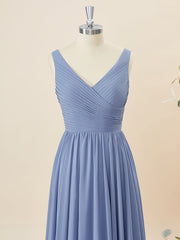 A-lijn chiffon v-neck geplooide vloerlengte bruidsmeisje jurk
