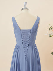 A-lijn chiffon v-neck geplooide vloerlengte bruidsmeisje jurk