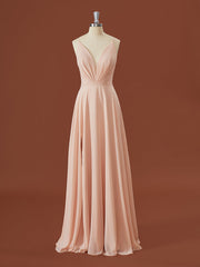 A-lijn chiffon v-neck geplooide vloerlengte bruidsmeisje jurk