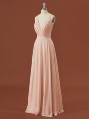 A-lijn chiffon v-neck geplooide vloerlengte bruidsmeisje jurk