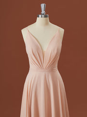 A-lijn chiffon v-neck geplooide vloerlengte bruidsmeisje jurk