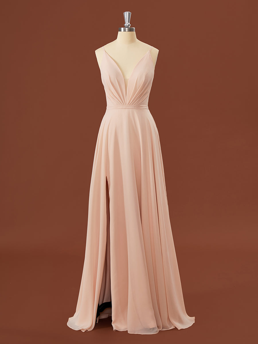 A-lijn chiffon v-neck geplooide vloerlengte bruidsmeisje jurk