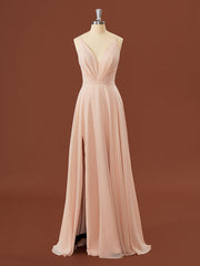 A-lijn chiffon v-neck geplooide vloerlengte bruidsmeisje jurk