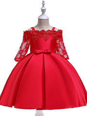 A-Line Cotton Blend Flower Girl Dress with Lace Sash & Ribbon Trim - 3/4 Length Sleeve Off Shoulder