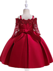A-Line Cotton Blend Flower Girl Dress with Lace Sash & Ribbon Trim - 3/4 Length Sleeve Off Shoulder