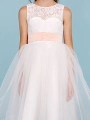 A-Line Crew Neck Tea Length Lace & Tulle Junior Bridesmaid Dress w/ Sash Ribbon Pleats for Weddings & Parties Open Back & See Through Design