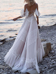 Deep V Neck A Line Boho Wedding Dresses Lace Short Sleeve Bridal Gown With Sweep Train