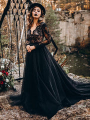 A-Line Designed Black Wedding Dresses Long Sleeves Tulle Lace Bridal Gown