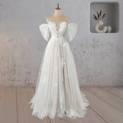 A-Line Floral Appliques Polka Dots Wedding Dress with Slit