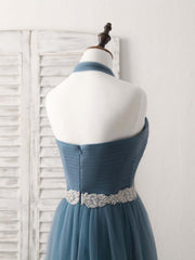 A-Line Gray Blue Tulle Long Bridesmaid Dress Gray Blue Prom Dress