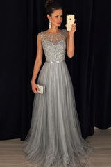 Elegant Gray A-Line Prom Dress Sequined Tulle Evening Gown