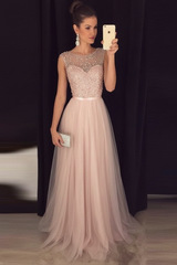 Bridelily Grey A-line Prom Dresses Beaded Long Tulle Evening Gowns