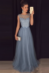 Bridelily Grey A-line Prom Dresses Beaded Long Tulle Evening Gowns