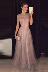Bridelily Grey A-line Prom Dresses Beaded Long Tulle Evening Gowns