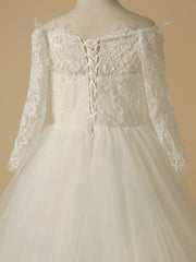 A-Line Half Sleeve Bateau Neck Flower Girl Dress with Beaded Lace Tulle Appliques