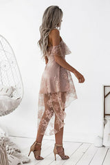 A-Line High Low Blush Sleeveless Lace Homecoming Dress, AST1150