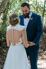 A-Line Jewel Sweep Train Tulle White Wedding Dress with Appliques