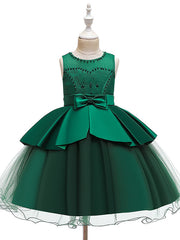 A-Line Knee Length Wedding / Party Dress - Tulle / Matte Satin / Poly&Cotton Blend Jewel Neck with Lace / Bow(S) / Beading