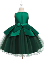A-Line Knee Length Wedding / Party Dress - Tulle / Matte Satin / Poly&Cotton Blend Jewel Neck with Lace / Bow(S) / Beading