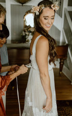 A-Line Lace Bohemian V-neck Wedding Dress With Low-V Back And Appliques Beautiful