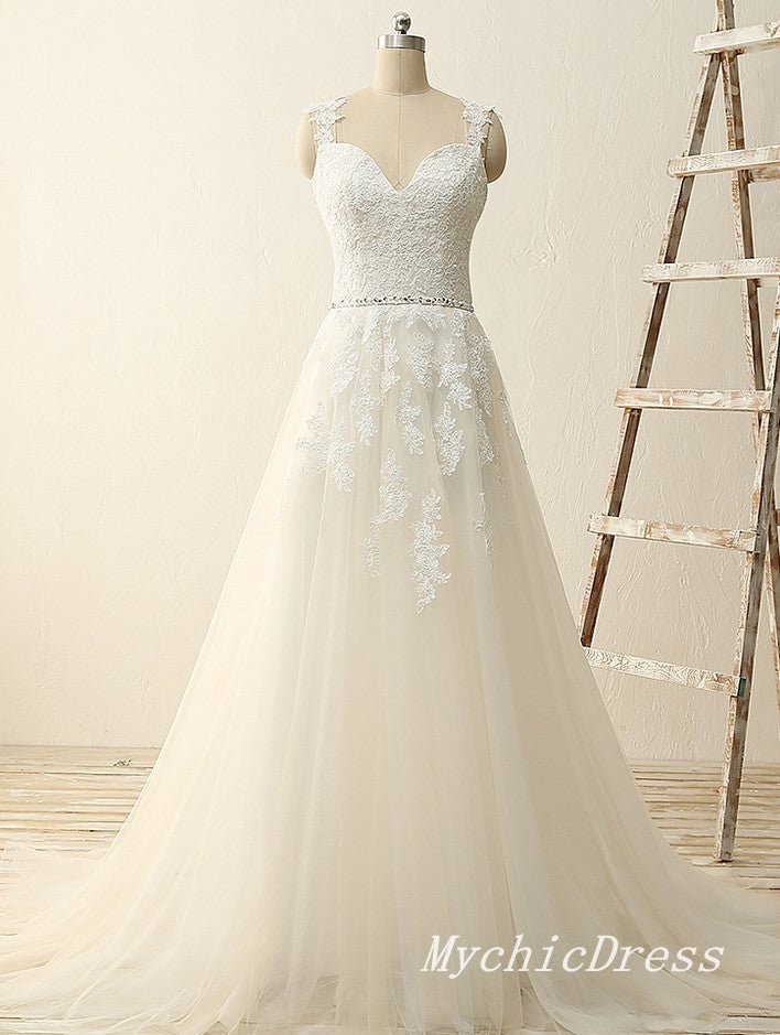A Line Lace Ivory Boho Wedding Dresses Sweetheart Sleeveless
