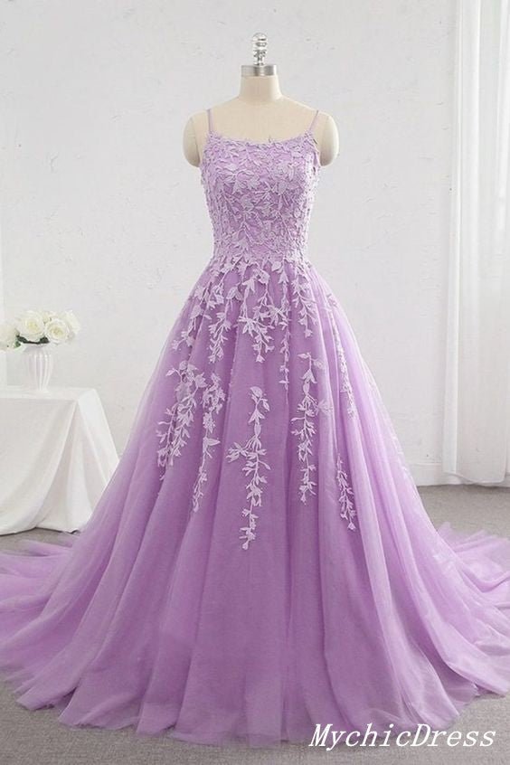 A Line Lace lavender Prom Dresses Spaghetti Straps Applique Long Evening Dress