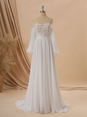 A-line Long Sleeves Chiffon Sweetheart Appliques Lace Court Train Corset Convertible Wedding Dress