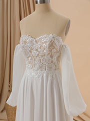 A-line Long Sleeves Chiffon Sweetheart Appliques Lace Court Train Corset Convertible Wedding Dress