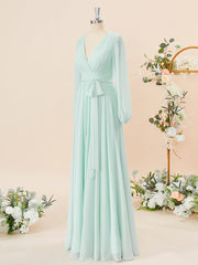 A-lijn lange mouwen chiffon v-neck geplooide vloerlengte bruidsmeisje jurk