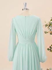 A-lijn lange mouwen chiffon v-neck geplooide vloerlengte bruidsmeisje jurk