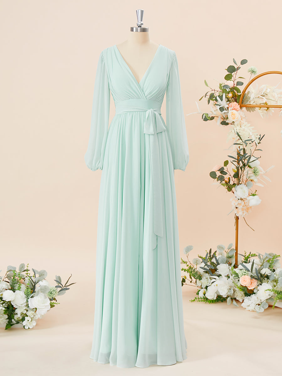 A-lijn lange mouwen chiffon v-neck geplooide vloerlengte bruidsmeisje jurk