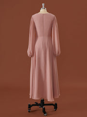 A-lijn lange mouwen chiffon v-neck ruches thee-lengte bruidsmeisje jurk