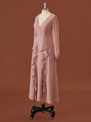 A-lijn lange mouwen chiffon v-neck ruches thee-lengte bruidsmeisje jurk