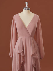 A-lijn lange mouwen chiffon v-neck ruches thee-lengte bruidsmeisje jurk