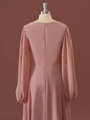 A-lijn lange mouwen chiffon v-neck ruches thee-lengte bruidsmeisje jurk