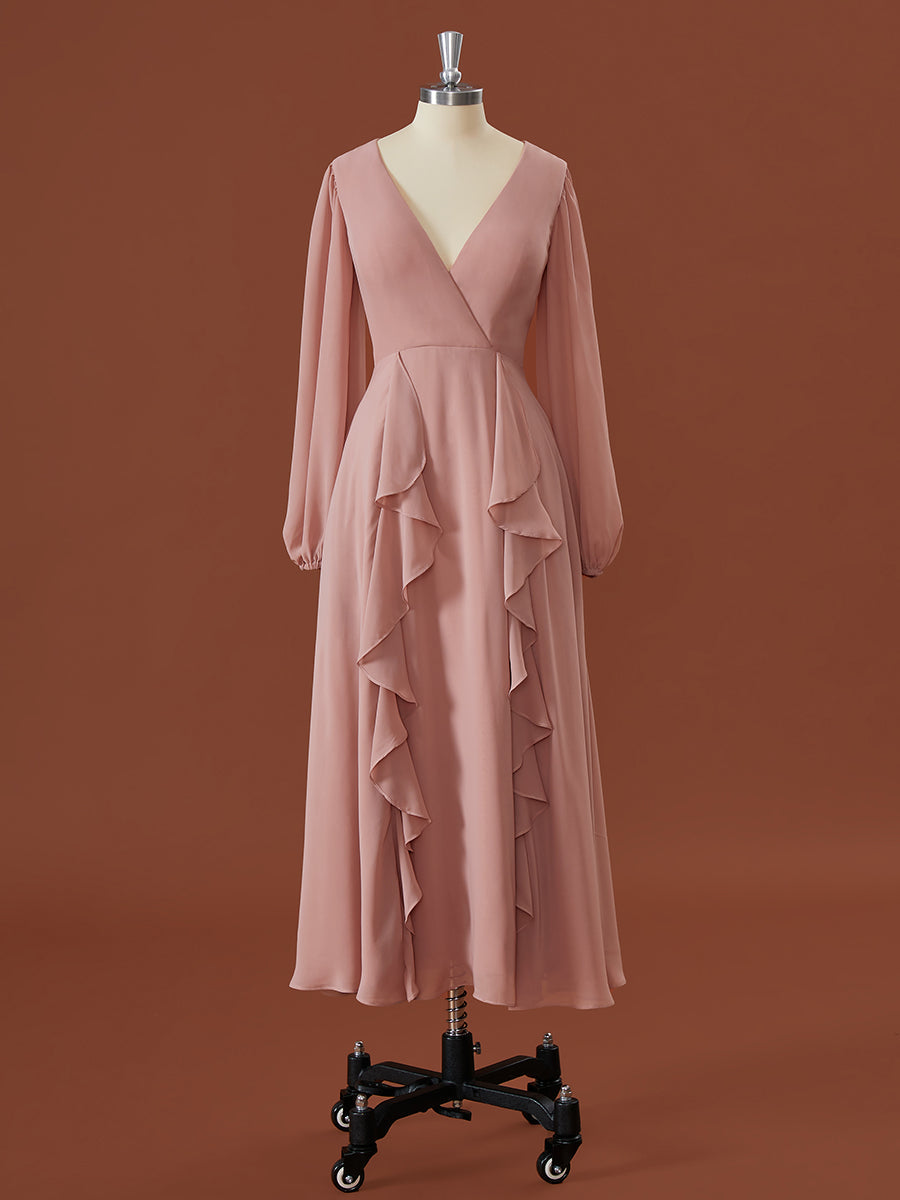 A-lijn lange mouwen chiffon v-neck ruches thee-lengte bruidsmeisje jurk
