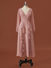 A-lijn lange mouwen chiffon v-neck ruches thee-lengte bruidsmeisje jurk