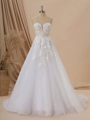 A-line Long Sleeves Tulle Sweetheart Appliques Lace Chapel Train Corset Convertible Wedding Dress