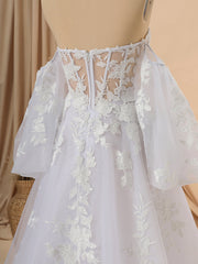 A-line Long Sleeves Tulle Sweetheart Appliques Lace Chapel Train Corset Convertible Wedding Dress