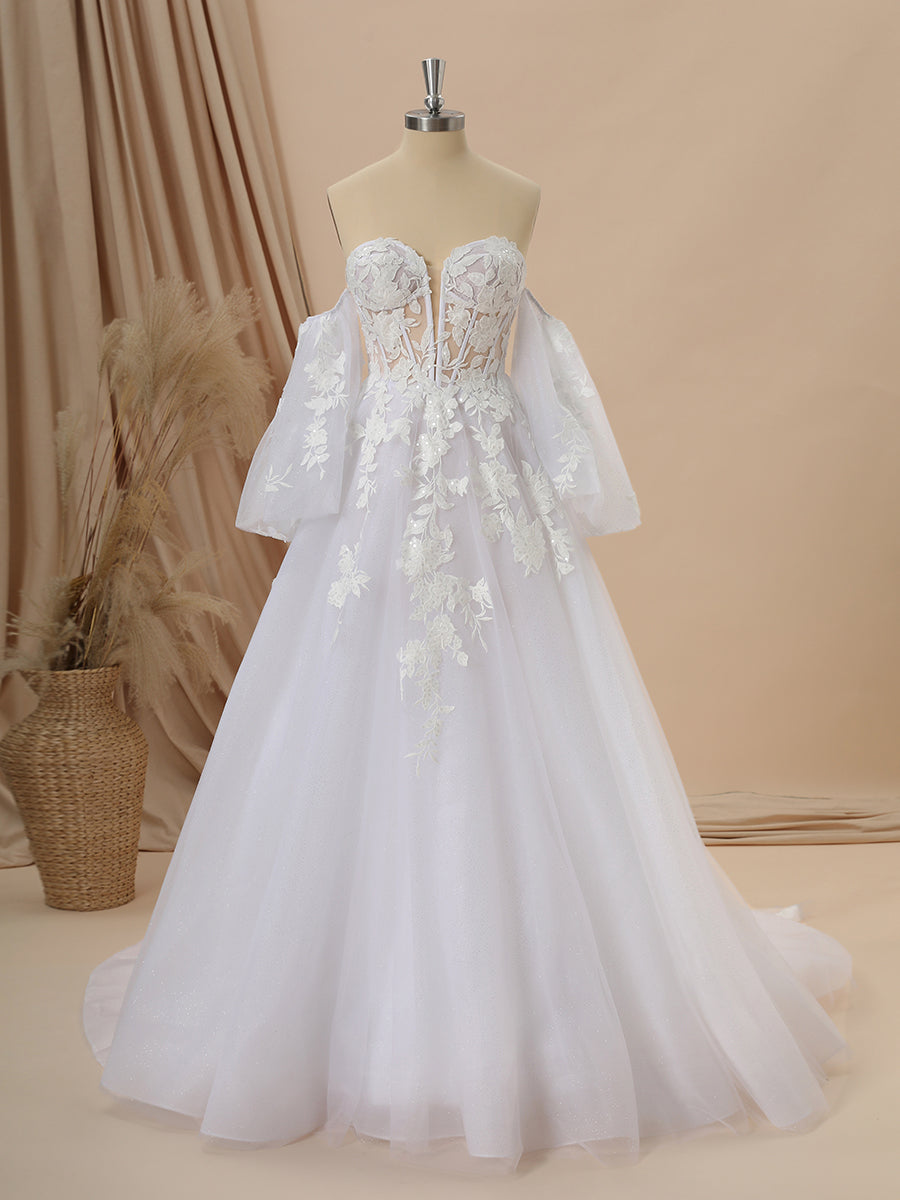 A-line Long Sleeves Tulle Sweetheart Appliques Lace Chapel Train Corset Convertible Wedding Dress