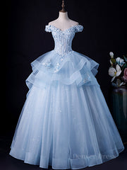 A-lijn Off Shoulder Lace Tule Blue Long Prom-jurk, Blue Sweet 16-jurk