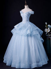 A-lijn Off Shoulder Lace Tule Blue Long Prom-jurk, Blue Sweet 16-jurk