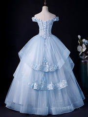 A-lijn Off Shoulder Lace Tule Blue Long Prom-jurk, Blue Sweet 16-jurk