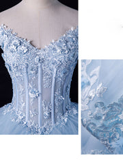 A-lijn Off Shoulder Lace Tule Blue Long Prom-jurk, Blue Sweet 16-jurk