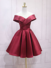 A-Line Off Houstage Satin Bourgogne Robe de bal courte, robe de retour bordeaux