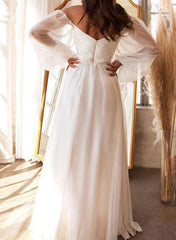 A-Line Off-the-Shoulder Long Sleeves Chiffon Floor-Length Wedding Dress Elegant