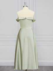 A-lijn off-the-shoulder ruches thee-lengte charmeuse bruidsmeisje jurk