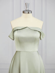 A-lijn off-the-shoulder ruches thee-lengte charmeuse bruidsmeisje jurk